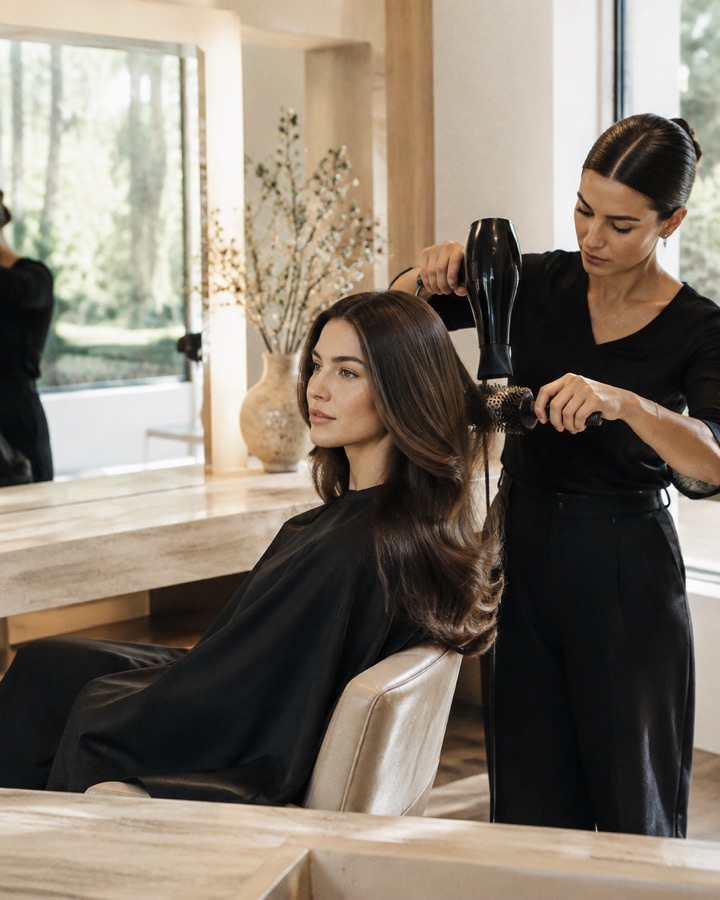 A stylist finishing a blow-dry