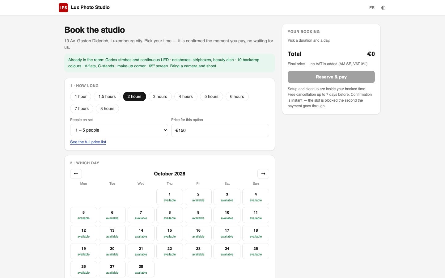 Studio booking page with free days and the price